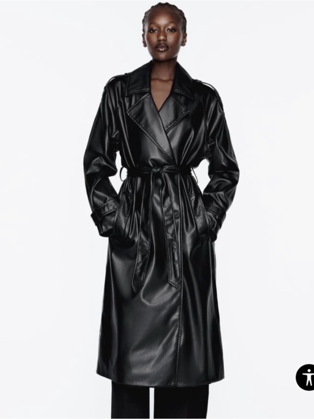 ZARA Black Faux Leather Belted Trench S